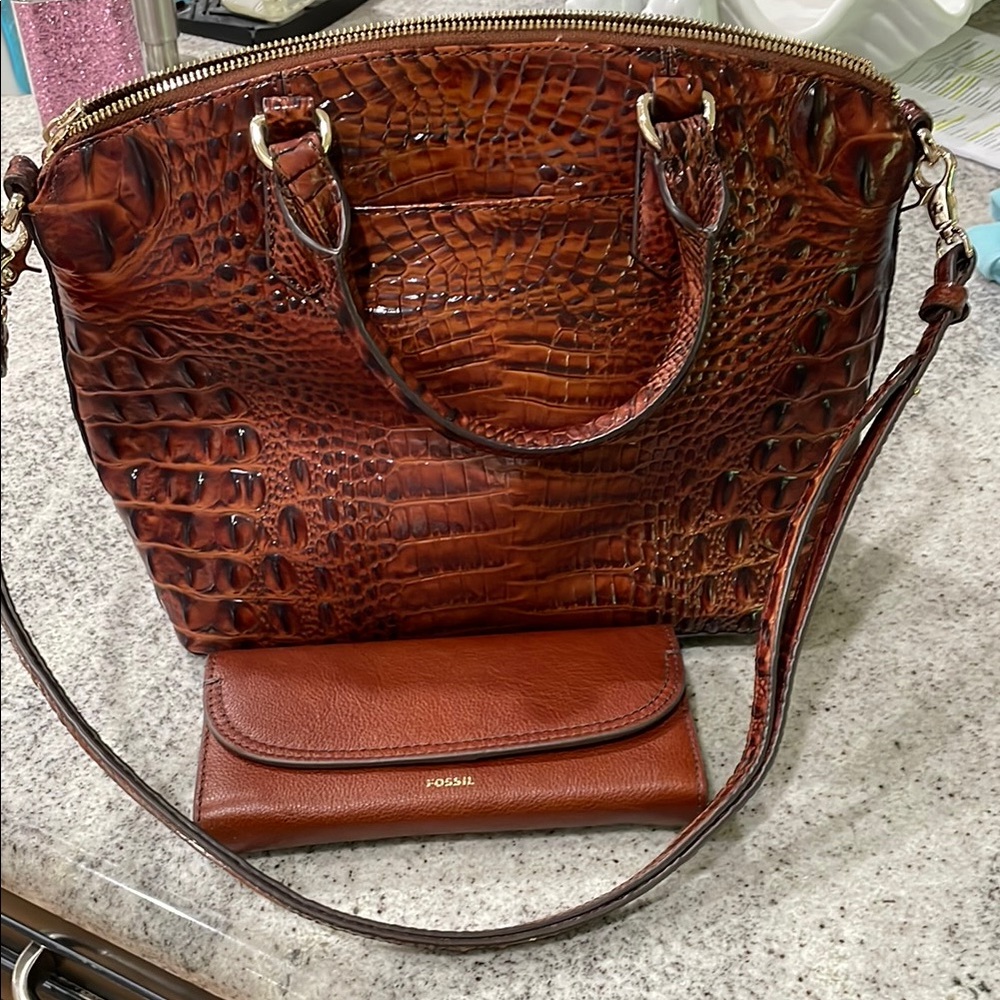 Brahmin Brown Croc-Embossed Leather Satchel
